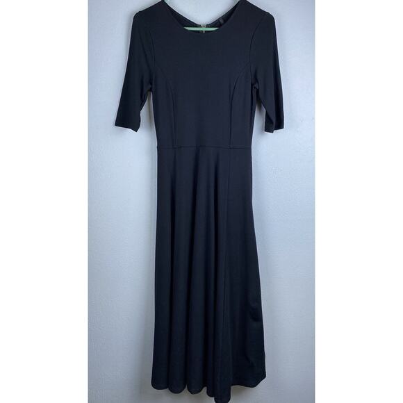 Lulus Black Sz Sm Ponte Knit Fit N Flare 3/4 Slv Expsd Gold Zipper Pockets Midi - Picture 1 of 11